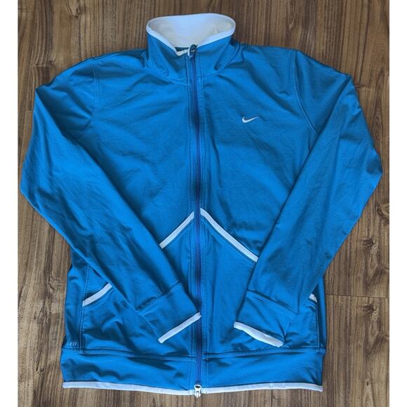 Nike Dri-Fit Women's L Turquoise Workout Jacket Full Front Zip Collar White Trim - Picture 1 of 7